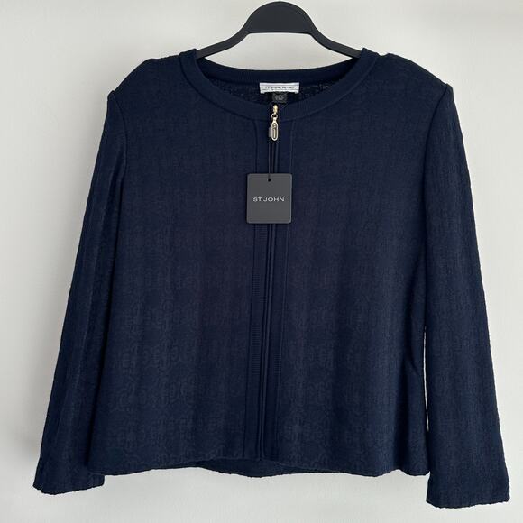St John Sport Sweater Jacket Medium Navy Jacquard Zip Up Quiet Luxury Old Money - Picture 1 of 10